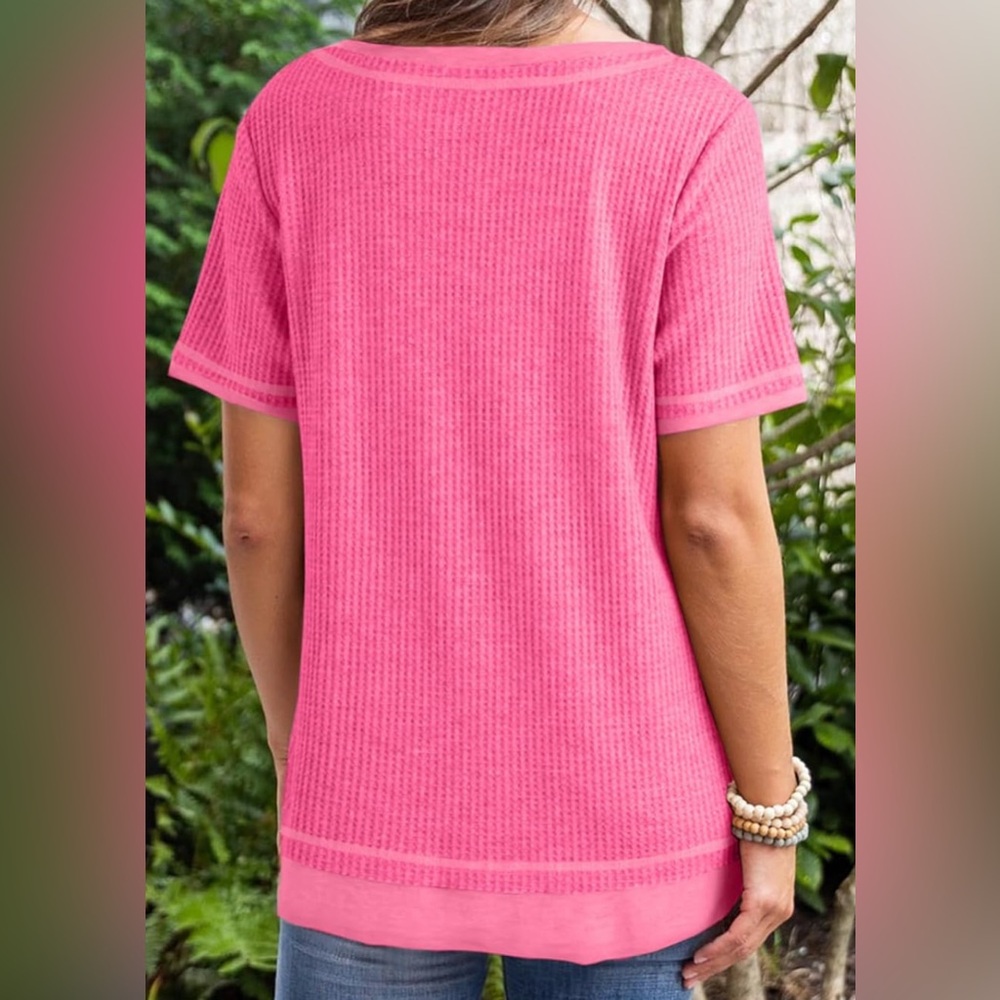 EVALESS Womens Waffle Knit Tops Lightweight Oversized Short Sleeve crewneck
